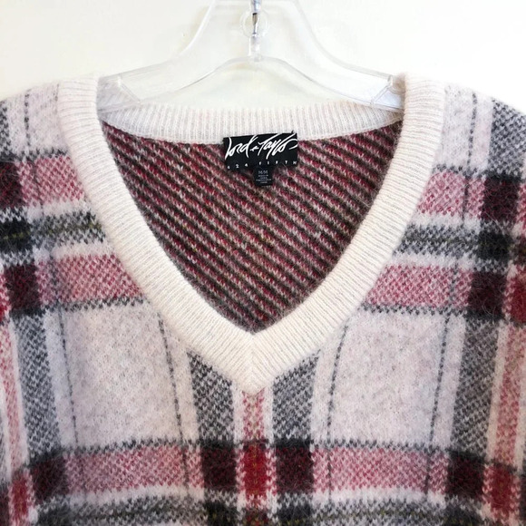 Lord & Taylor 424 Fifth Rabbit Hair Wool Blend Plaid Holiday V Neck Sweater M - Picture 4 of 7